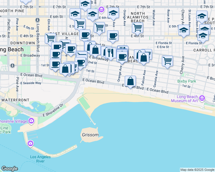 map of restaurants, bars, coffee shops, grocery stores, and more near 4th Place in Long Beach