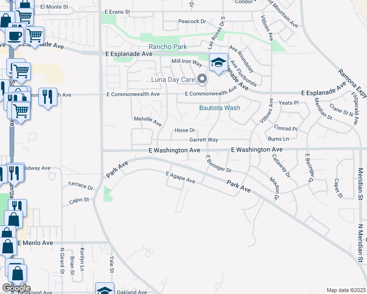 map of restaurants, bars, coffee shops, grocery stores, and more near 1003 East Washington Avenue in San Jacinto