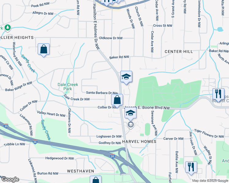 map of restaurants, bars, coffee shops, grocery stores, and more near 2542 Santa Barbara Drive Northwest in Atlanta