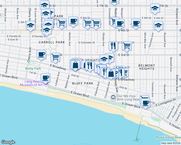 map of restaurants, bars, coffee shops, grocery stores, and more near 235 Orizaba Avenue in Long Beach