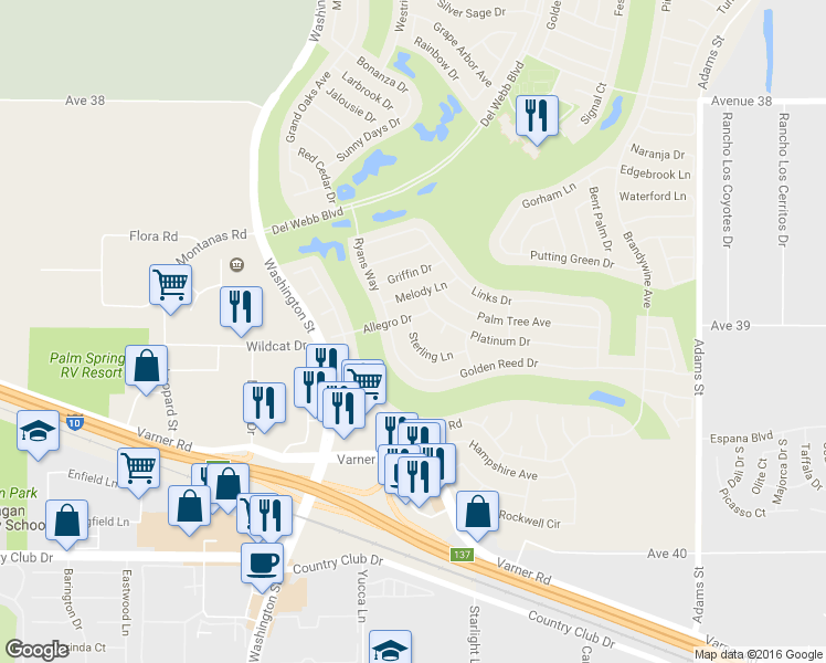map of restaurants, bars, coffee shops, grocery stores, and more near 78338 Sterling Lane in Palm Desert