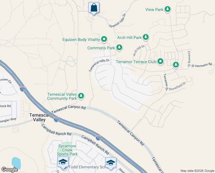 map of restaurants, bars, coffee shops, grocery stores, and more near 24573 Sunset Vista Drive in Corona