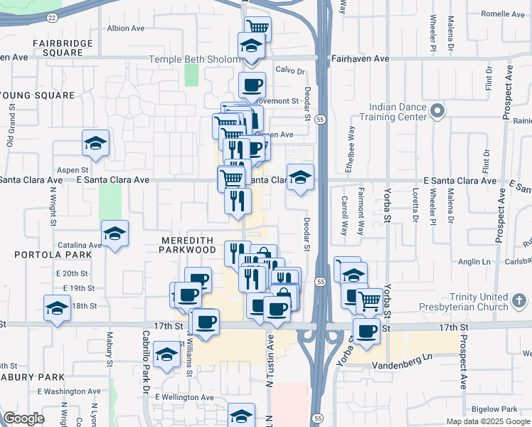 map of restaurants, bars, coffee shops, grocery stores, and more near 2010 Catalina Avenue in Santa Ana