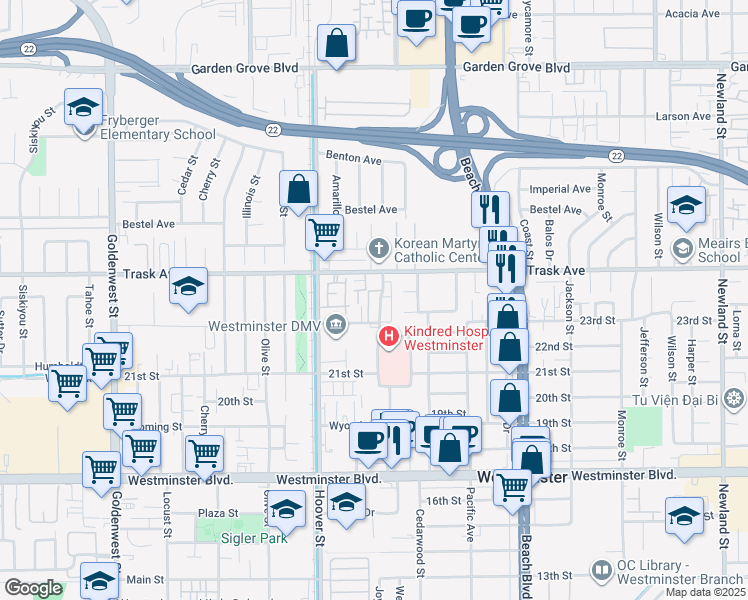 map of restaurants, bars, coffee shops, grocery stores, and more near 13601 Arizona Street in Westminster
