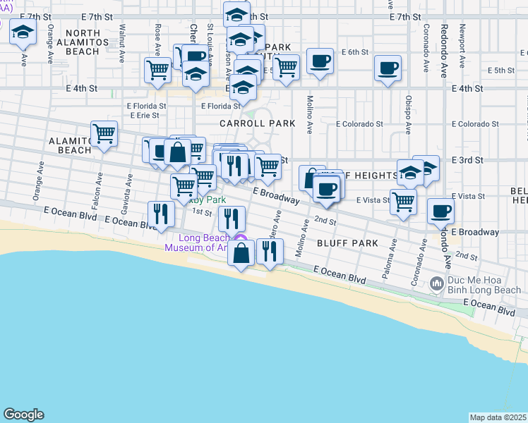 map of restaurants, bars, coffee shops, grocery stores, and more near 2319 East 1st Street in Long Beach