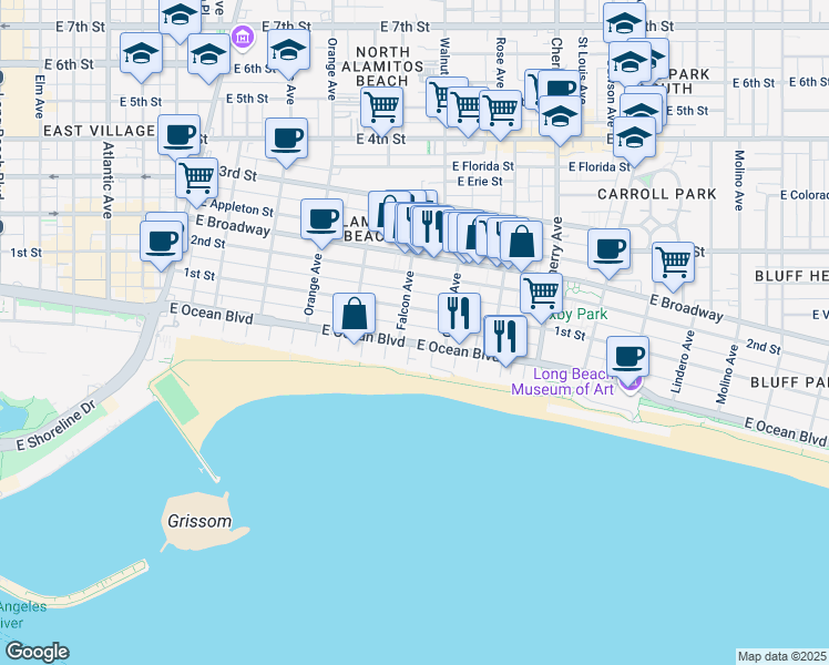 map of restaurants, bars, coffee shops, grocery stores, and more near 1610 East Ocean Boulevard in Long Beach