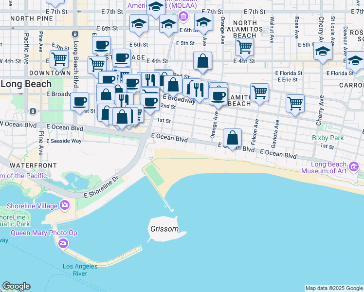 map of restaurants, bars, coffee shops, grocery stores, and more near 1030 East Ocean Boulevard in Long Beach