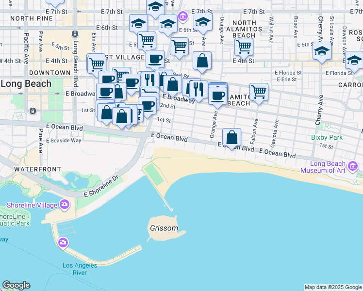 map of restaurants, bars, coffee shops, grocery stores, and more near 637 1/2 West 3rd Street in Long Beach