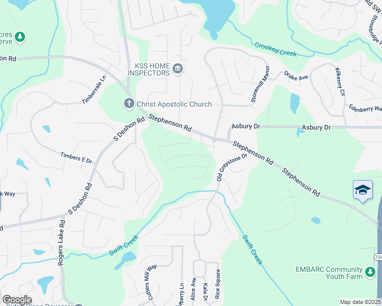 map of restaurants, bars, coffee shops, grocery stores, and more near 7166 Timberland Trail in Lithonia