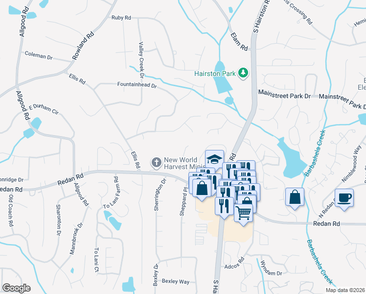 map of restaurants, bars, coffee shops, grocery stores, and more near 1030 Autumn Crest Drive in Stone Mountain