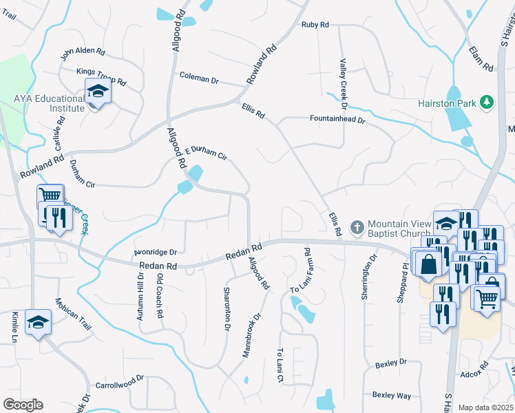 map of restaurants, bars, coffee shops, grocery stores, and more near 1140 Allgood Road in Stone Mountain