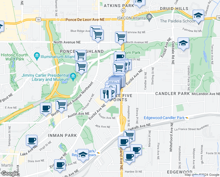 map of restaurants, bars, coffee shops, grocery stores, and more near 1109 Colquitt Avenue Northeast in Atlanta