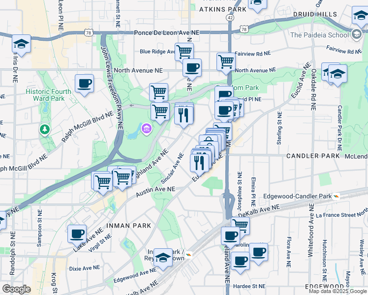 map of restaurants, bars, coffee shops, grocery stores, and more near 405 Sinclair Avenue Northeast in Atlanta
