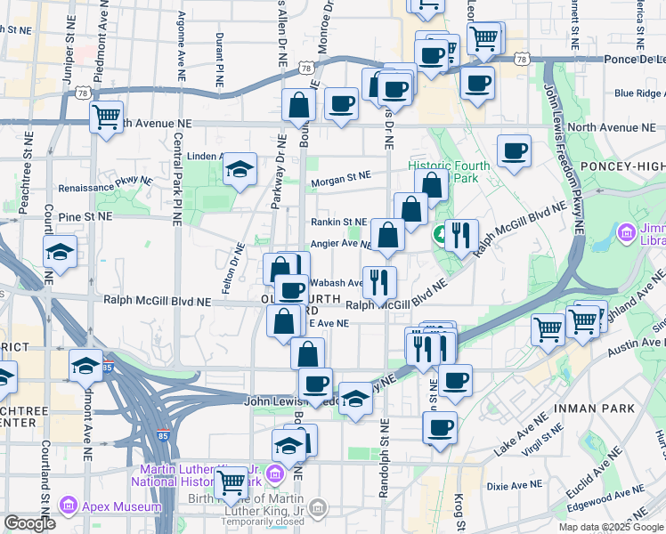 map of restaurants, bars, coffee shops, grocery stores, and more near 510 Wabash Avenue Northeast in Atlanta