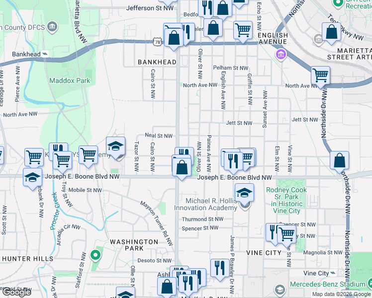 map of restaurants, bars, coffee shops, grocery stores, and more near 375 Joseph E. Lowery Boulevard Northwest in Atlanta