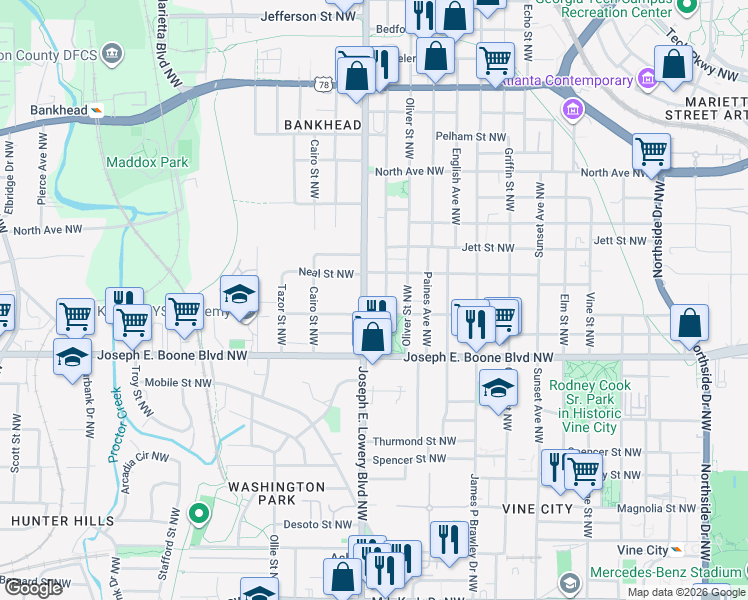 map of restaurants, bars, coffee shops, grocery stores, and more near 375 Joseph E. Lowery Boulevard Northwest in Atlanta