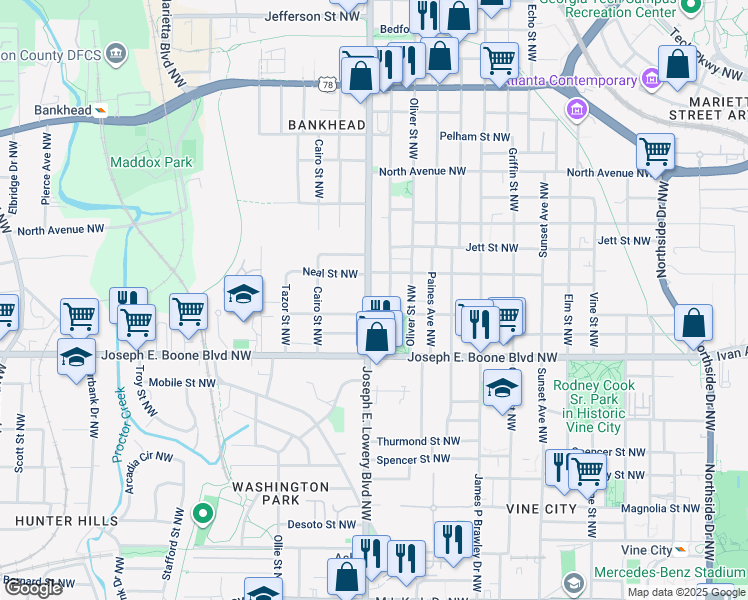 map of restaurants, bars, coffee shops, grocery stores, and more near 375 Joseph E. Lowery Boulevard Northwest in Atlanta