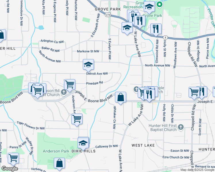 map of restaurants, bars, coffee shops, grocery stores, and more near 1652 Detroit Avenue Northwest in Atlanta