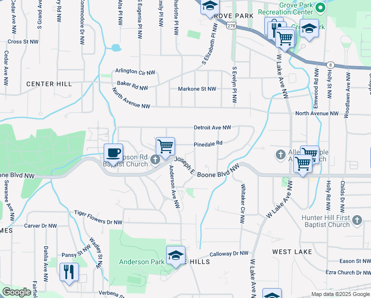 map of restaurants, bars, coffee shops, grocery stores, and more near 1930 Pinedale Road in Atlanta