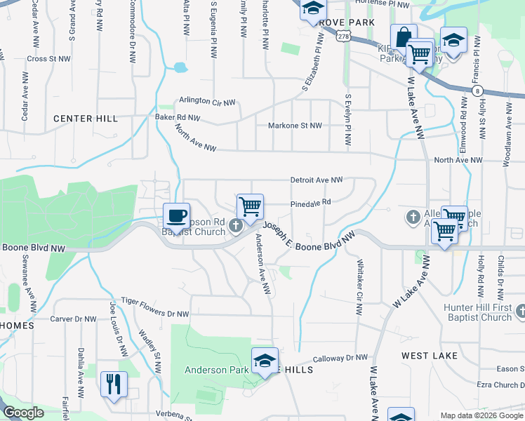 map of restaurants, bars, coffee shops, grocery stores, and more near 1971 Simpson Road Northwest in Atlanta