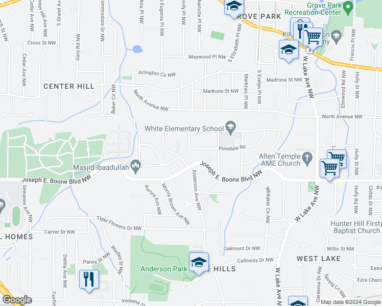 map of restaurants, bars, coffee shops, grocery stores, and more near 1971 Simpson Road Northwest in Atlanta