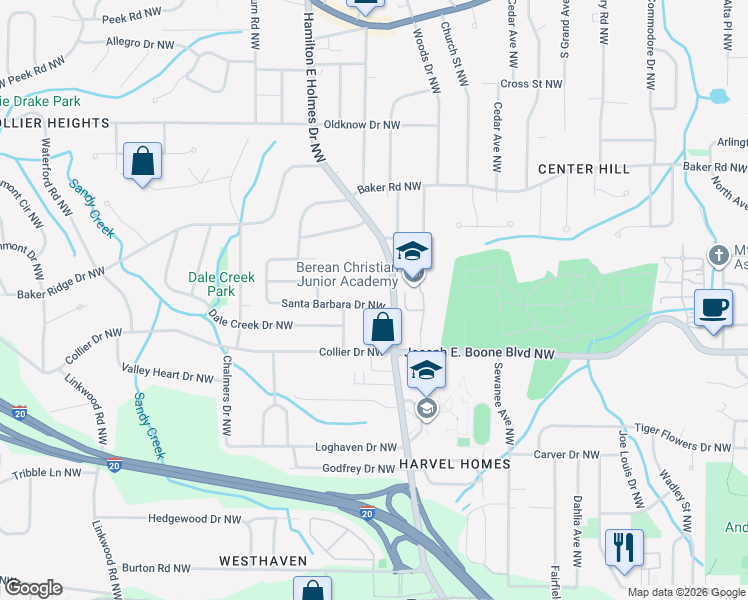 map of restaurants, bars, coffee shops, grocery stores, and more near 2542 Santa Barbara Drive Northwest in Atlanta