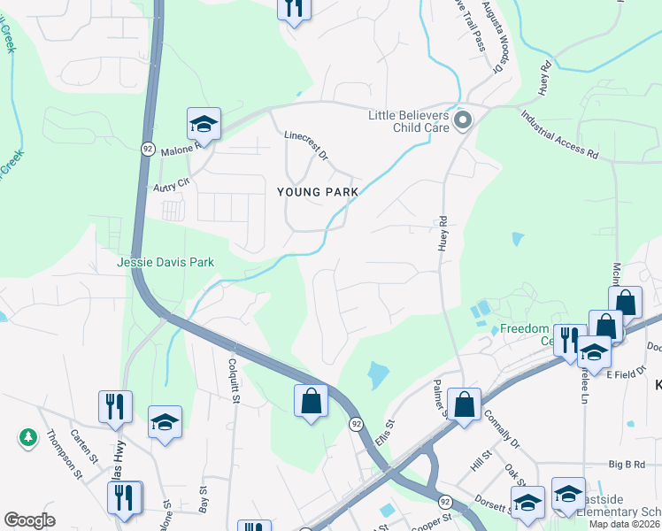 map of restaurants, bars, coffee shops, grocery stores, and more near 6387 Harvester Circle in Douglasville