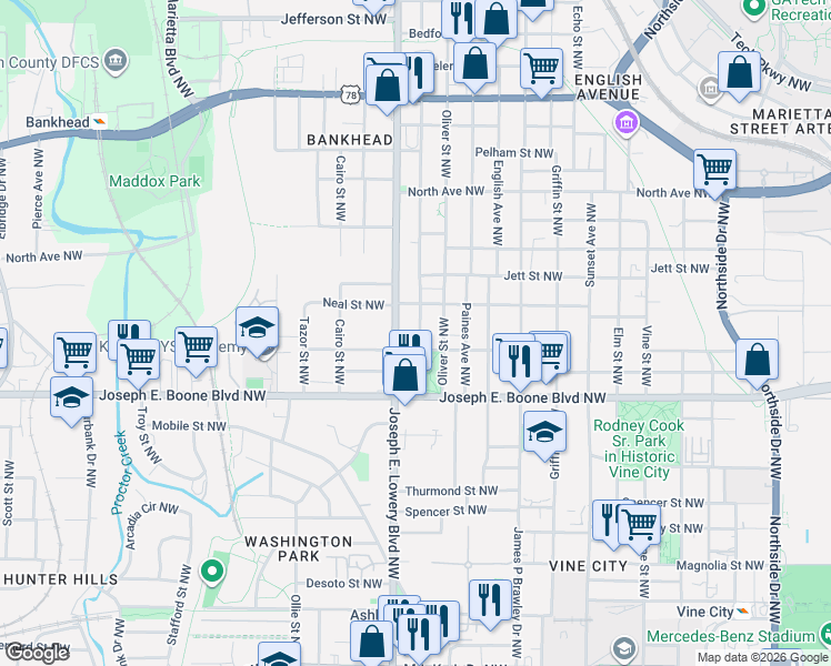 map of restaurants, bars, coffee shops, grocery stores, and more near 375 Joseph E. Lowery Boulevard Northwest in Atlanta