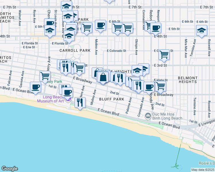 map of restaurants, bars, coffee shops, grocery stores, and more near East Broadway & Temple Avenue in Long Beach