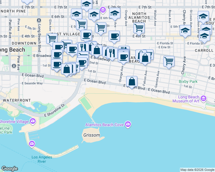 map of restaurants, bars, coffee shops, grocery stores, and more near 1100 East Ocean Boulevard in Long Beach