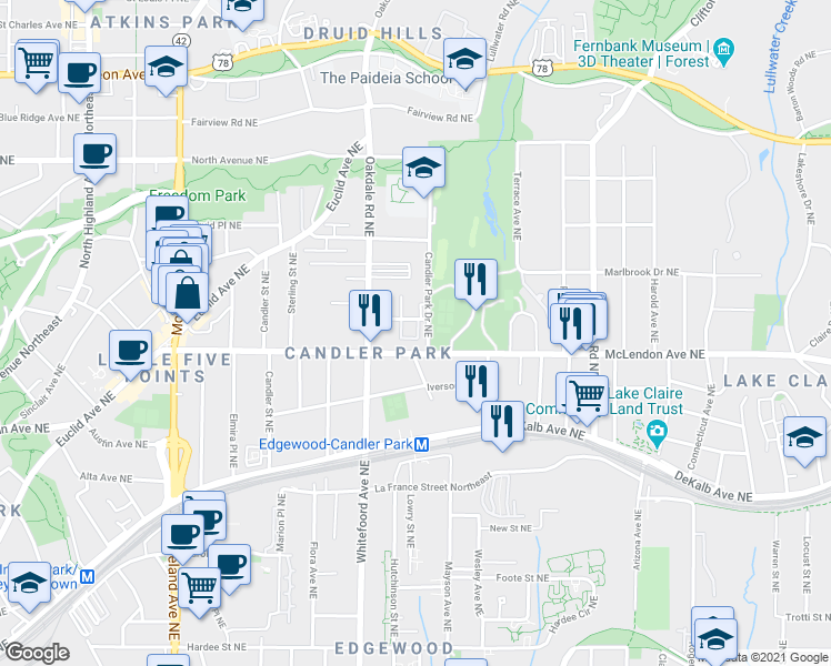 map of restaurants, bars, coffee shops, grocery stores, and more near 410 Candler Park Drive Northeast in Atlanta