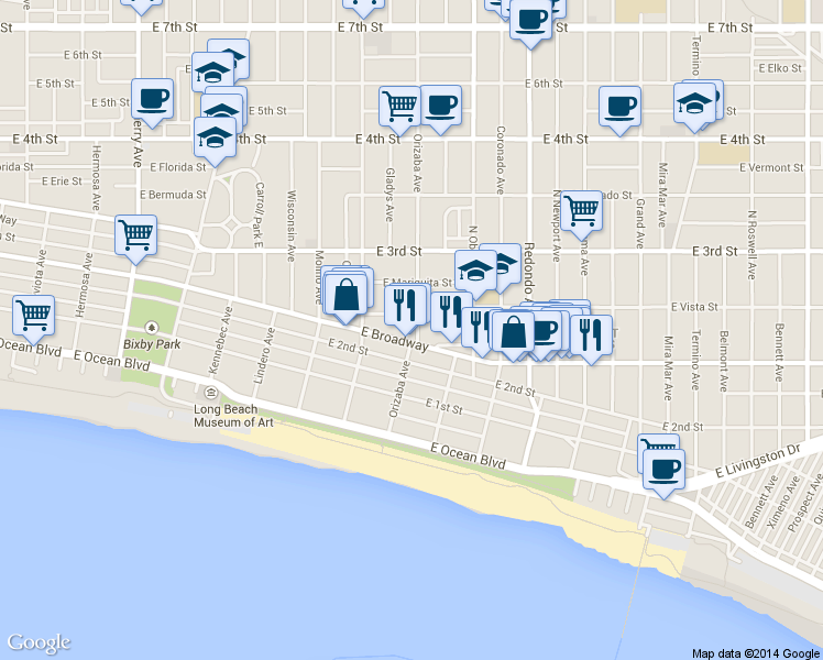 map of restaurants, bars, coffee shops, grocery stores, and more near 235 Orizaba Avenue in Long Beach