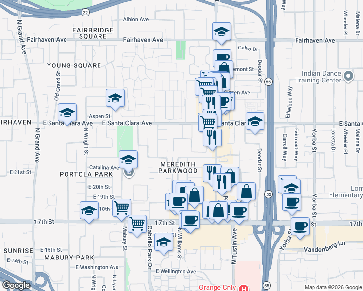 map of restaurants, bars, coffee shops, grocery stores, and more near 2002 East Santa Clara Avenue in Santa Ana