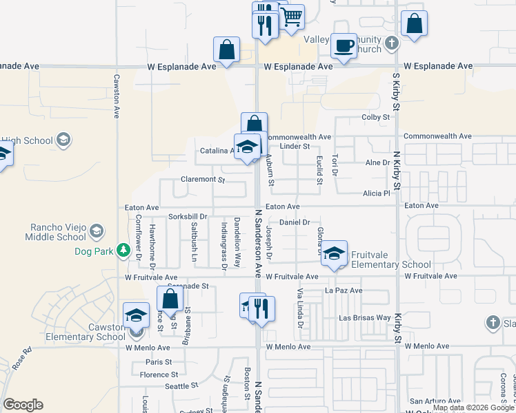 map of restaurants, bars, coffee shops, grocery stores, and more near N Sanderson Ave & Eaton Ave in Hemet
