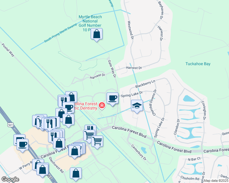 map of restaurants, bars, coffee shops, grocery stores, and more near 101 Ashley Park Drive in Myrtle Beach