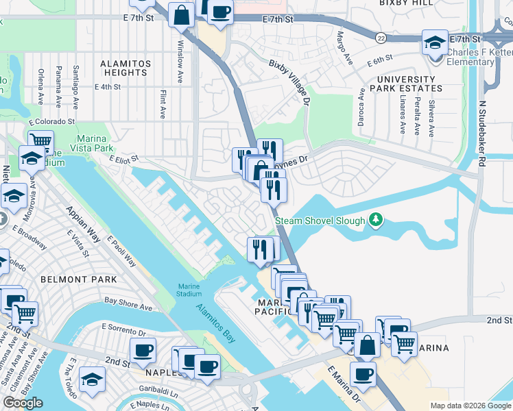 map of restaurants, bars, coffee shops, grocery stores, and more near 6220 Seville Court in Long Beach