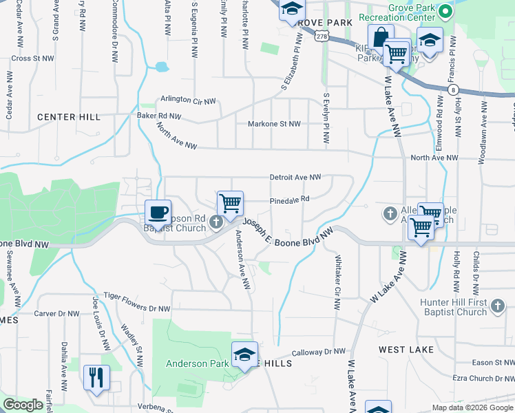 map of restaurants, bars, coffee shops, grocery stores, and more near 1931 Joseph E. Boone Boulevard Northwest in Atlanta