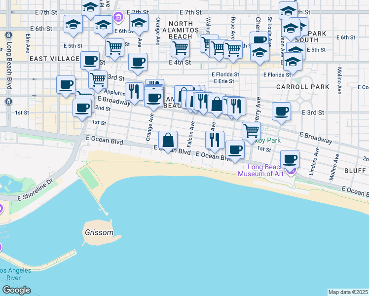 map of restaurants, bars, coffee shops, grocery stores, and more near 1425 East Ocean Boulevard in Long Beach