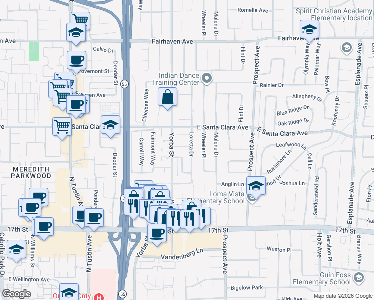 map of restaurants, bars, coffee shops, grocery stores, and more near 17572 Leafwood Lane in Tustin