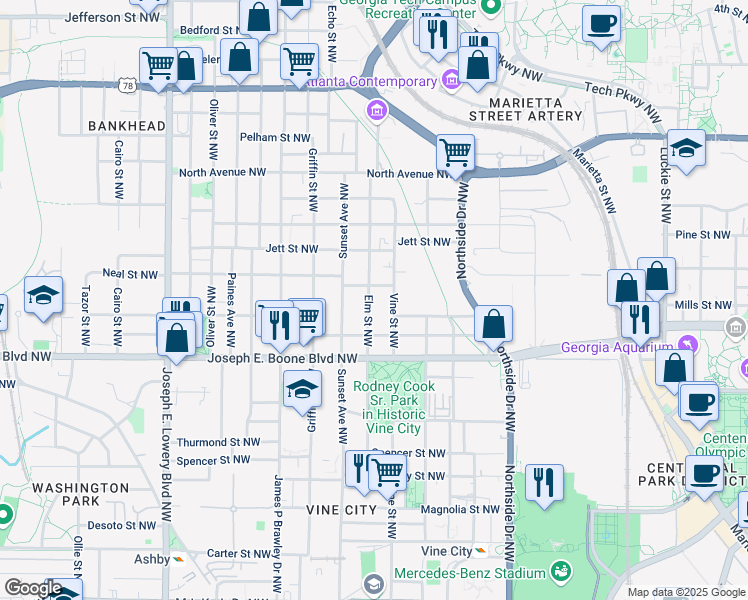 map of restaurants, bars, coffee shops, grocery stores, and more near 399 Elm Street Northwest in Atlanta