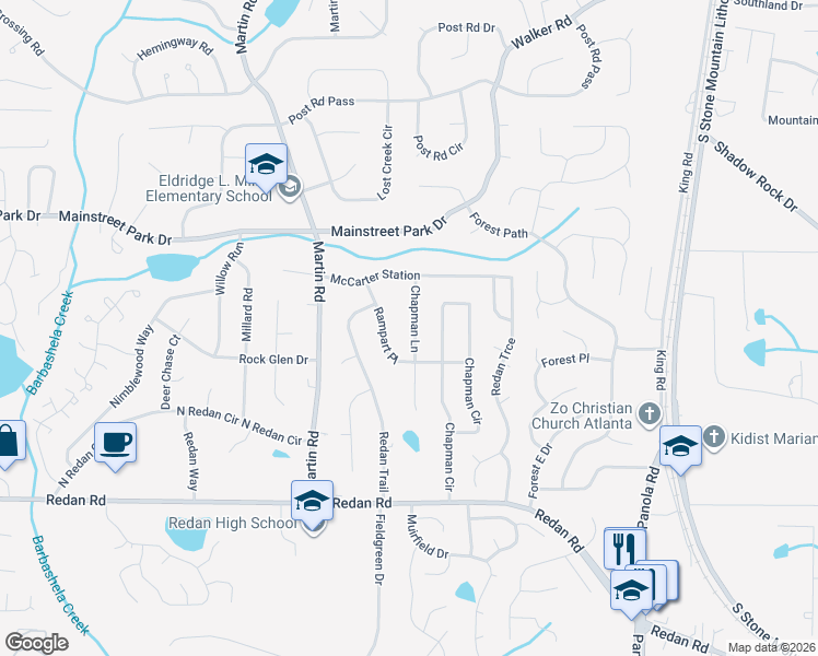 map of restaurants, bars, coffee shops, grocery stores, and more near 1007 Chapman Lane in Stone Mountain