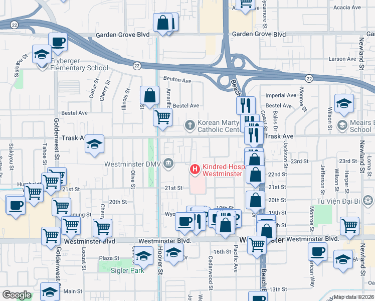 map of restaurants, bars, coffee shops, grocery stores, and more near 13561 Arizona Street in Westminster