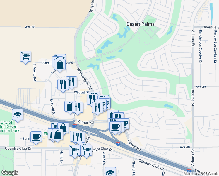 map of restaurants, bars, coffee shops, grocery stores, and more near 78258 Golden Reed Drive in Palm Desert