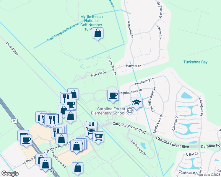 map of restaurants, bars, coffee shops, grocery stores, and more near 209 Wando River Road in Myrtle Beach