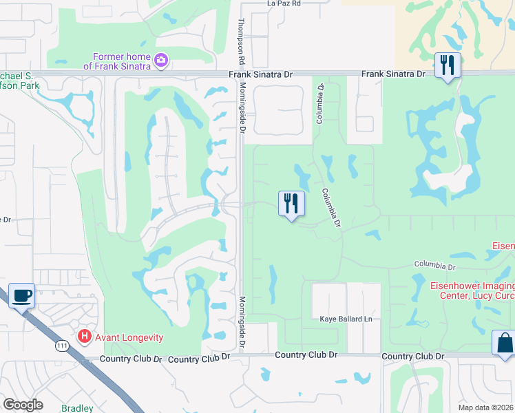 map of restaurants, bars, coffee shops, grocery stores, and more near 27 Duke Drive in Rancho Mirage