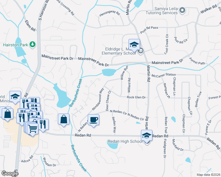 map of restaurants, bars, coffee shops, grocery stores, and more near 5028 Rock Glen Drive in Stone Mountain