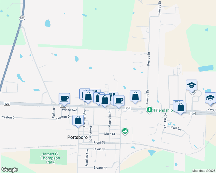 map of restaurants, bars, coffee shops, grocery stores, and more near 201 Jones Circle in Pottsboro