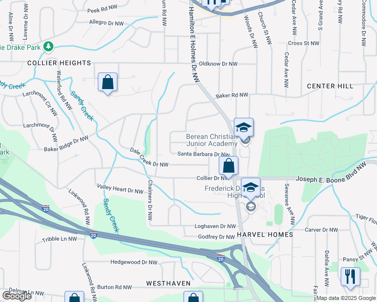 map of restaurants, bars, coffee shops, grocery stores, and more near 2631 Santa Barbara Drive Northwest in Atlanta