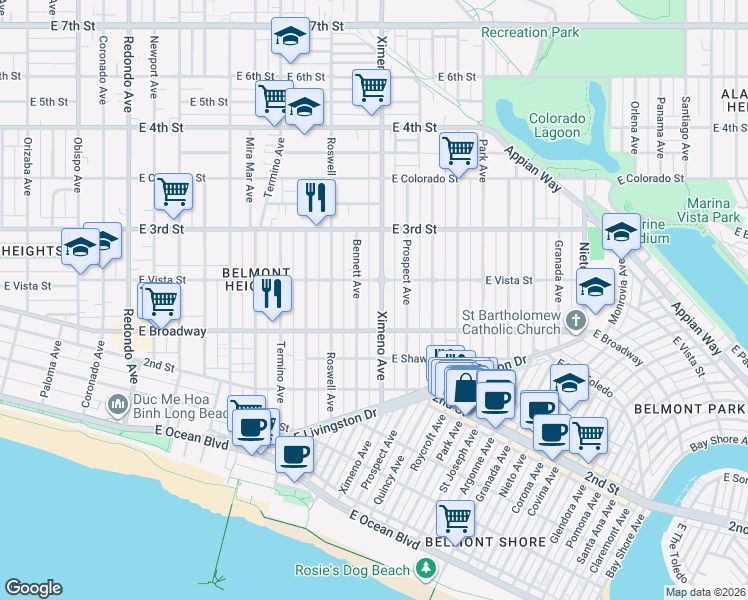 map of restaurants, bars, coffee shops, grocery stores, and more near 243 Ximeno Avenue in Long Beach