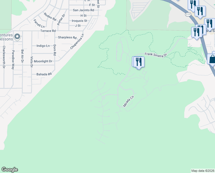 map of restaurants, bars, coffee shops, grocery stores, and more near 3 Sierra Vista Drive in Rancho Mirage